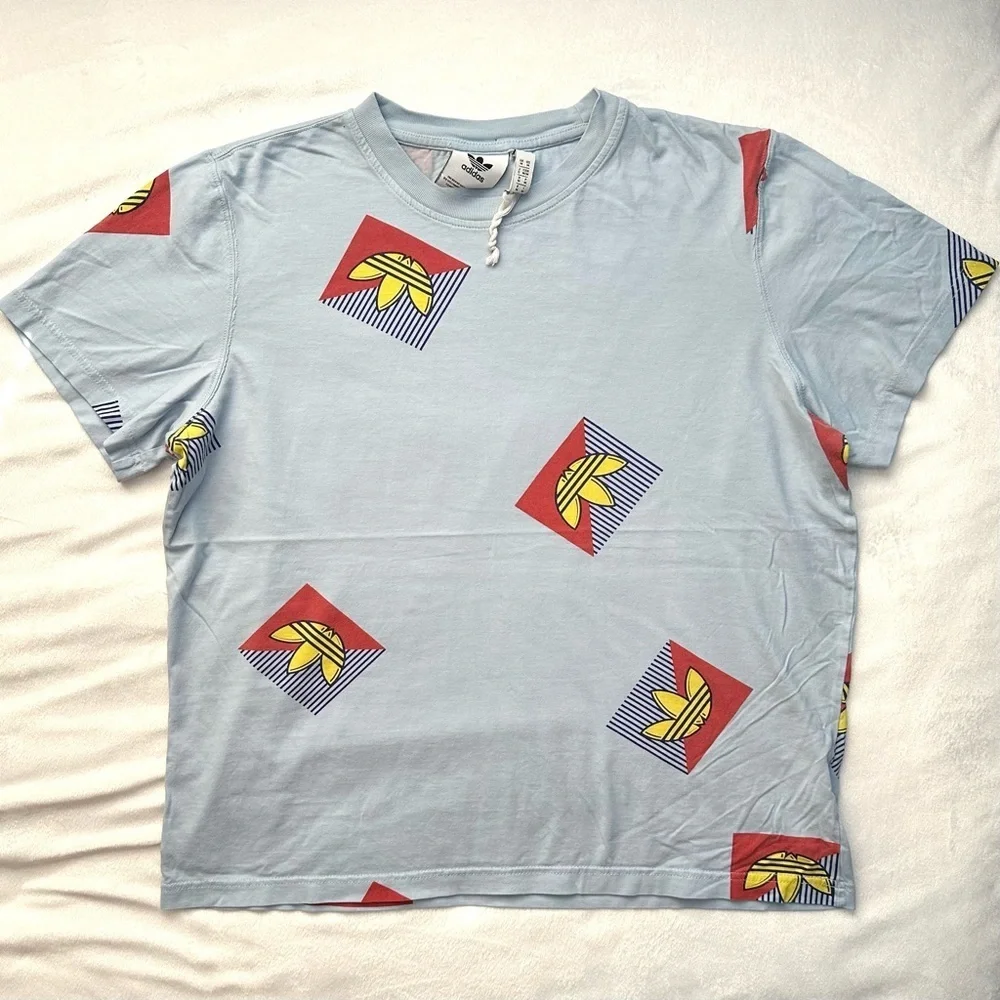 Adidas Logo All Over Print AOP Graphic Blue T-Shirt Adult M Men 3Stripes Classic